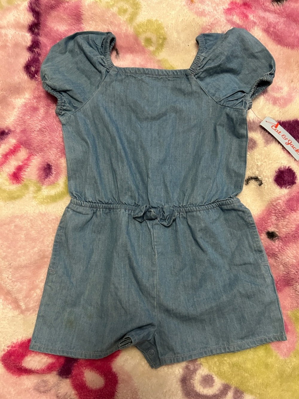 Cat & Jack Light Blue Chambray Short Romper with Puff Sleeves